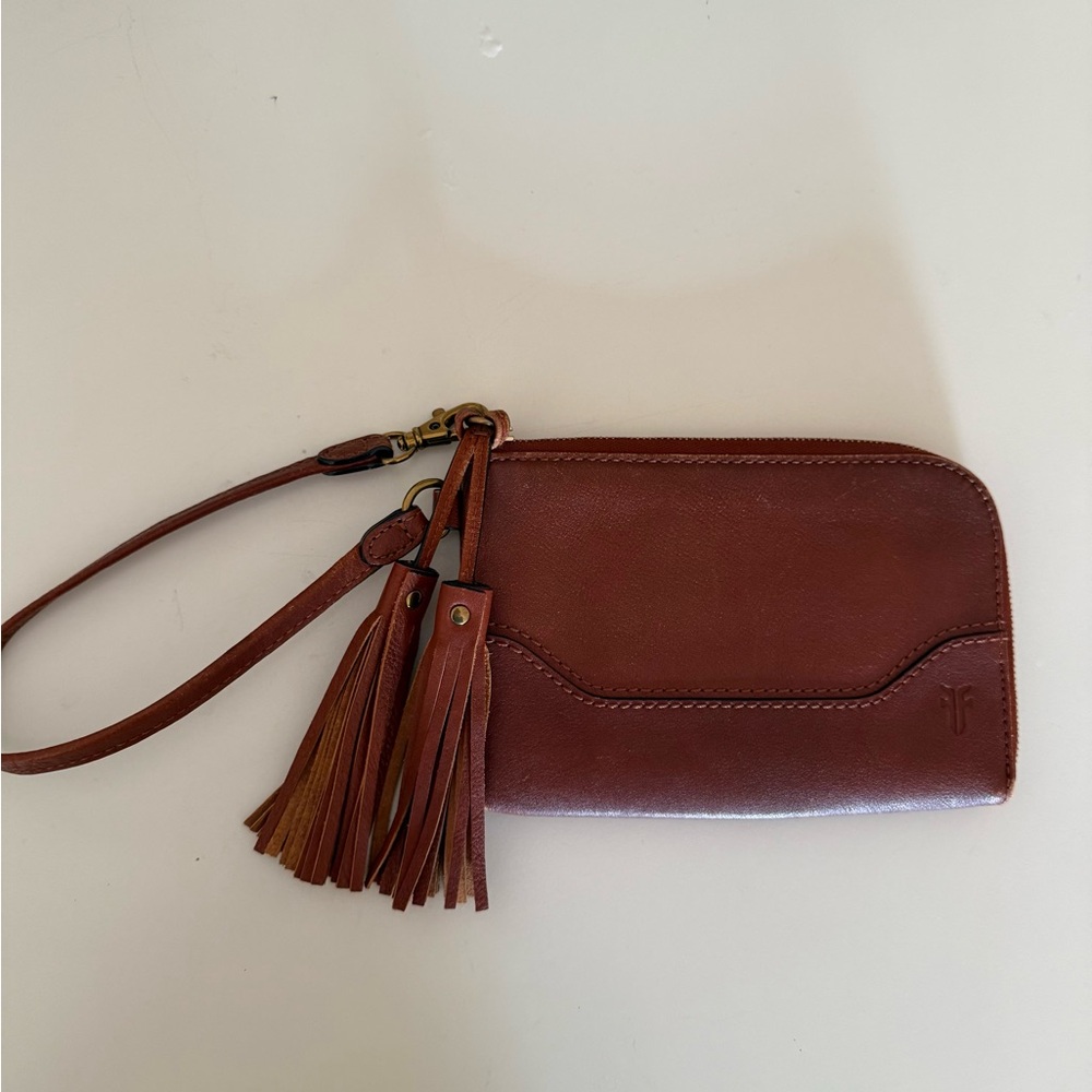 Frye Paige Leather Wristlet in Cognac Brown